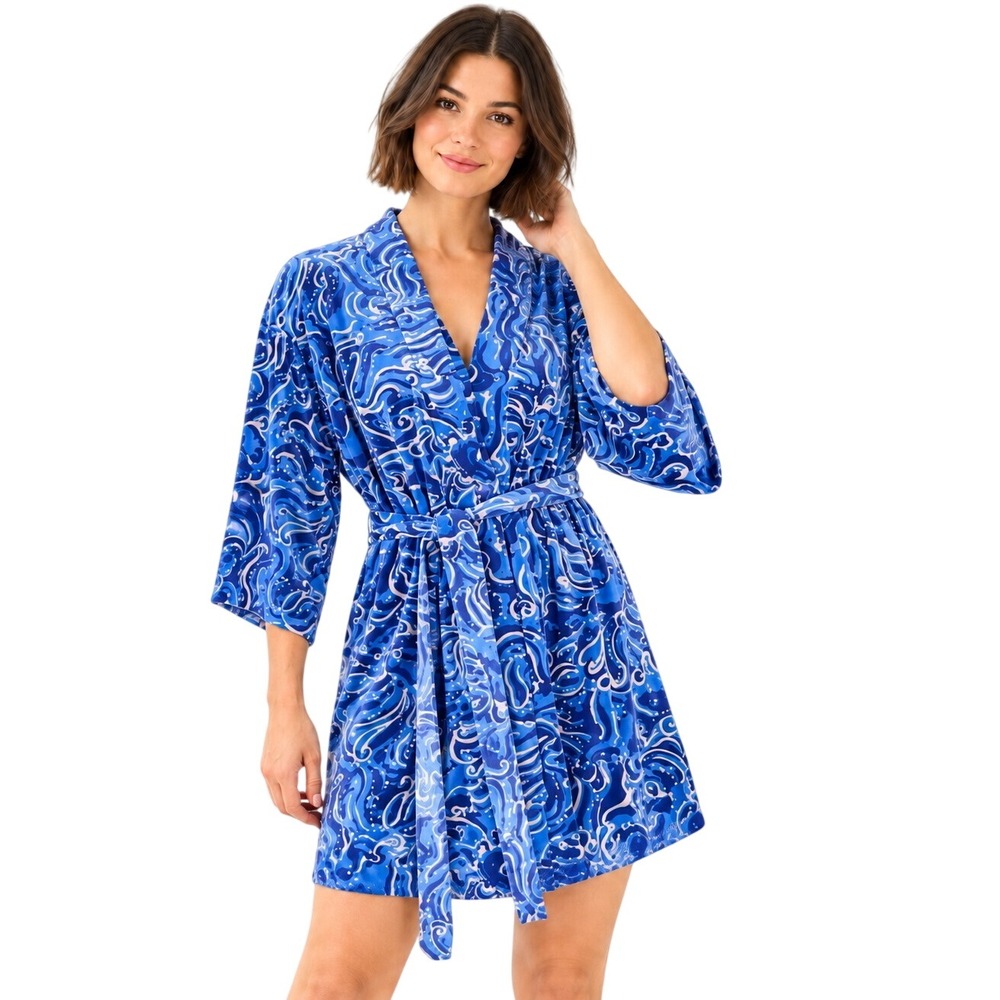 Lilly Pulitzer Elaine Velour Robe Blue Pink Paisley L/XL Coastal Resort